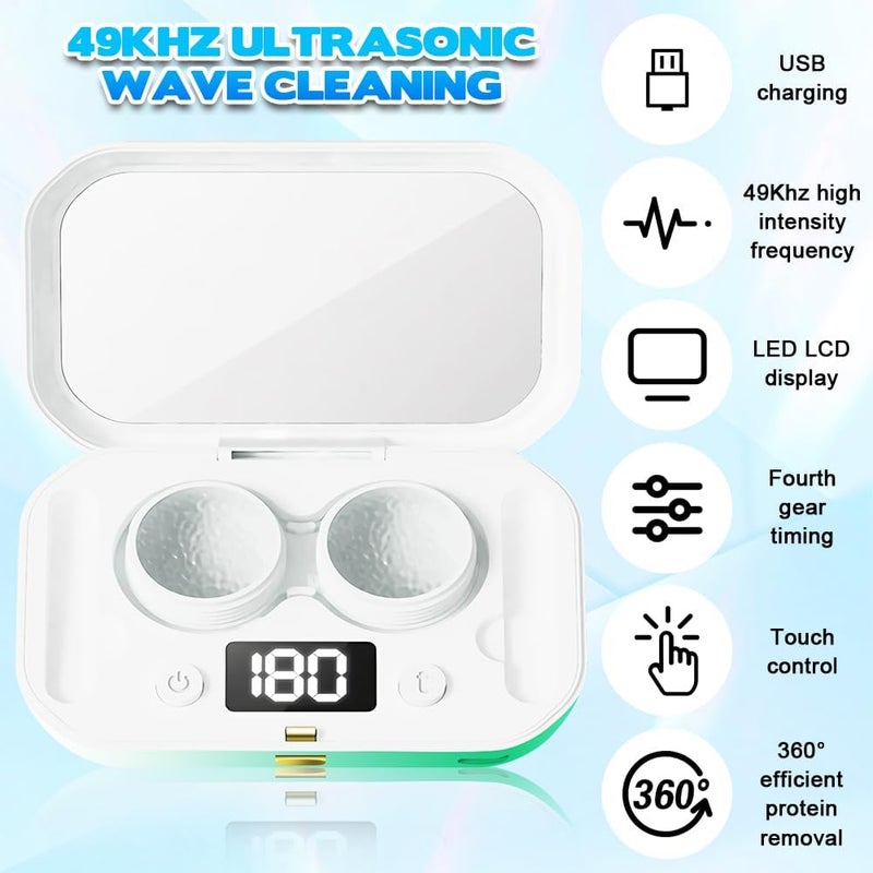 Casbomy Contact Lens Clean Machine, Portable Ultrasonic Contact Lens Cleaner with 4 Timing Modes, 360° High-Frequency Vibration for Cleaning Soft Lenses, Colored Contact Lenses (Green) - Image 4